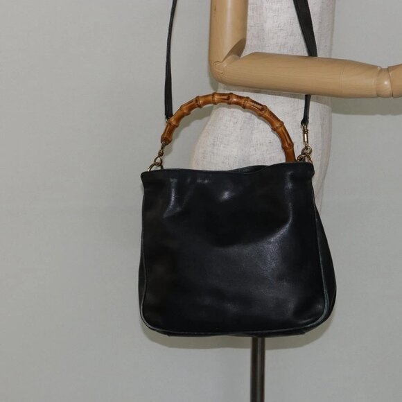 GUCCI Bamboo Hand Bag Leather 2way Black Gold - Picture 1 of 16